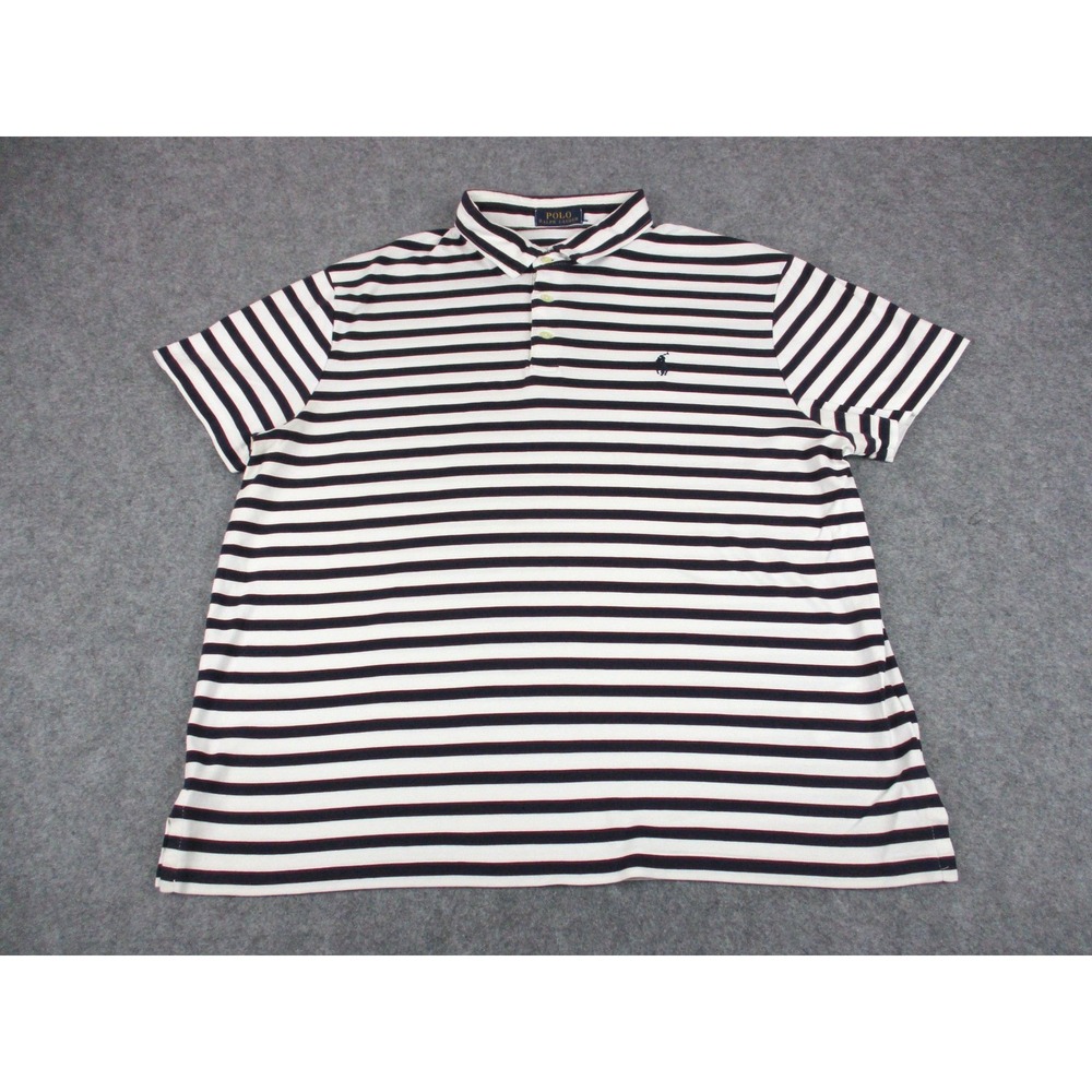 Ralph Lauren Polo Shirt Mens XL White Blue Striped Cotton Pony Golf Stretch